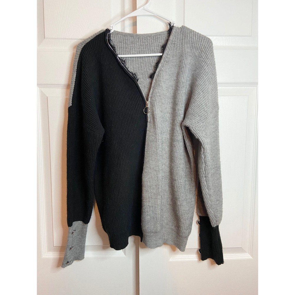 Colorblock Zip Front Cardigan Lace Trim Ribbed Knit Sweater Grey Black